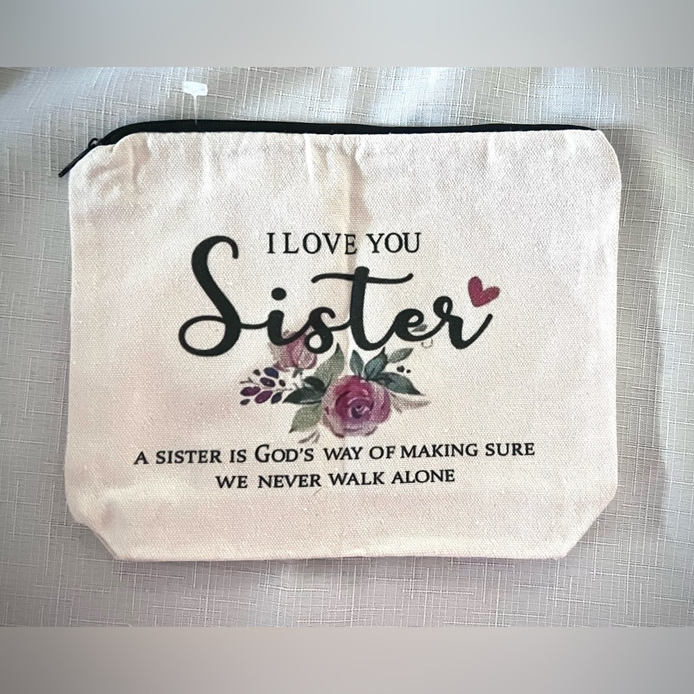 SISTERS Canvas Cosmetic Zippered Pouch Floral and Text Illustration NWOT - Picture 5 of 5